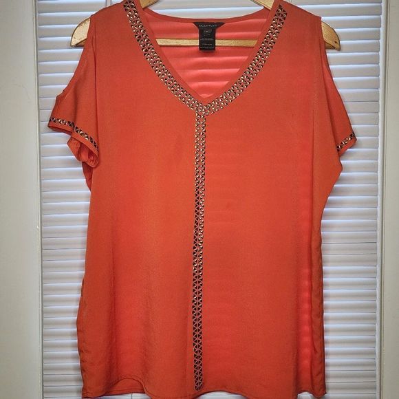 Multiples Blouse | Orange Cold-Shoulder Top with Gold Details - Picture 1 of 5